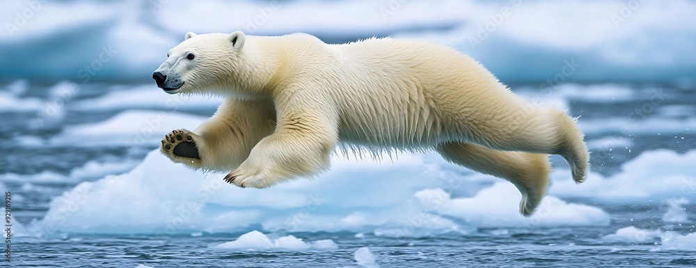 Wall mural a polar bear leaps between ice floes in the arctic ocean.