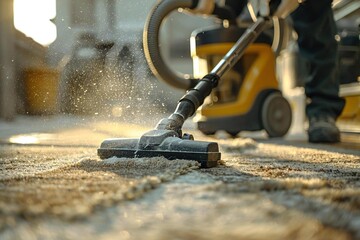 close-up shot of a janitor using a carpet cleaning vacuum machine to remove dirt and stains from a dirty rug.