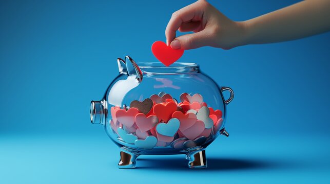 Hand placing a red heart into a glass piggy bank filled with colorful hearts, symbolizing love and saving on a bright blue background.