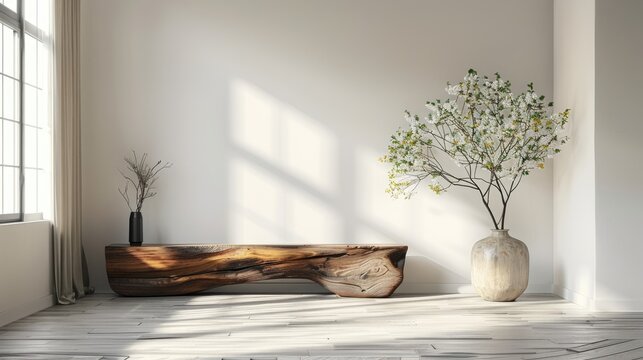 Minimalist wooden stand in front of a grey concrete wall, with a stylish interior design concept, perfect for a modern home or living room.