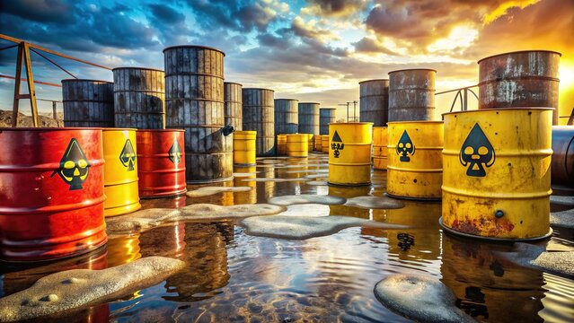 Toxic drums and barrels leaking harmful chemicals in a polluted environment, surrounded by warning signs and hazardous waste symbols, highlighting environmental pollution dangers.