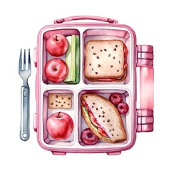 AI generated watercolor illustration of pink lunch box with fruits, vegetables , sandwiches and a fork. Food illustration. Back to school. Watercolor texture. Idea for menus, postcards, recipes, etc.