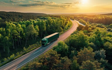 Fototapeta premium Truck Driving Through Lush Green Forest at Sunset