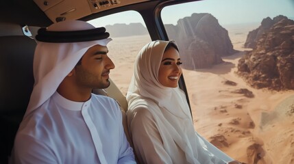 A couple smiles as they embrace the breathtaking views from their helicopter tour over the desert