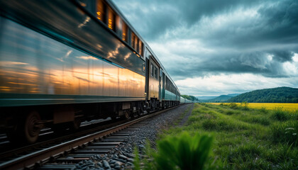 Train moving in rainy weather. Side view of the carriages