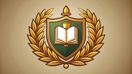 Traditional university crest featuring a bold shield with open book and laurel wreath elements, symbolizing knowledge, wisdom, and academic achievement on a Classic background.