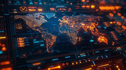 cybersecurity, A futuristic world map displaying digital interfaces and glowing data overlays, perfect for technology and innovation themes.