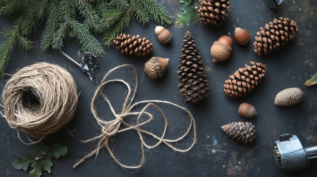 Various pine cones, acorns, and green foliage are arranged with twine on a dark surface, ideal for seasonal crafts.