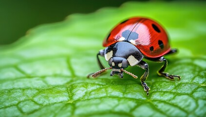Fototapeta premium A ladybug on a green leaf.