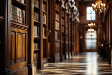 Fototapeta premium Blur background of majestic library corridor with wooden bookshelves and ornate chandeliers, reflecting rich historical and literary tradition. Heritage and preservation. with generative ai