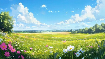 Obraz premium Summer Meadow Serenity: A vibrant meadow bursts with colorful wildflowers beneath a breathtaking sky