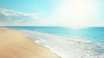 Fototapeta premium Sun-Kissed Shores: A breathtaking panoramic view of a pristine beach, where the azure sky meets the sparkling ocean, inviting you to escape to a world of tranquility and serenity. 