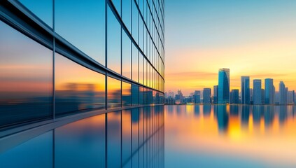 Obraz premium Sleek curved glass building with reflective surfaces and dynamic lighting