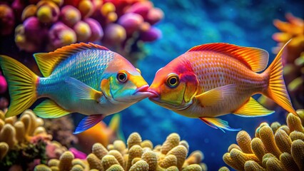 Fototapeta premium Two brightly colored tropical fish, with iridescent scales and flowing fins, gently touch lips in a tender underwater kiss, amidst coral reef scenery.