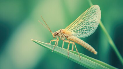 Yellow insect with delicate wings on green leaf.