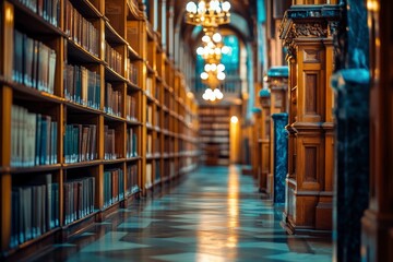 Naklejka premium Blur background of majestic library corridor with wooden bookshelves and ornate chandeliers, reflecting rich historical and literary tradition. Heritage and preservation. with generative ai