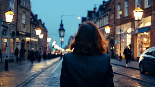 Alone woman walks along beautiful cozy european city street. Evening stroll. Female person go home late through dark urban alley near cafe, shops. Tourist girl travel Europe explore town architecture.