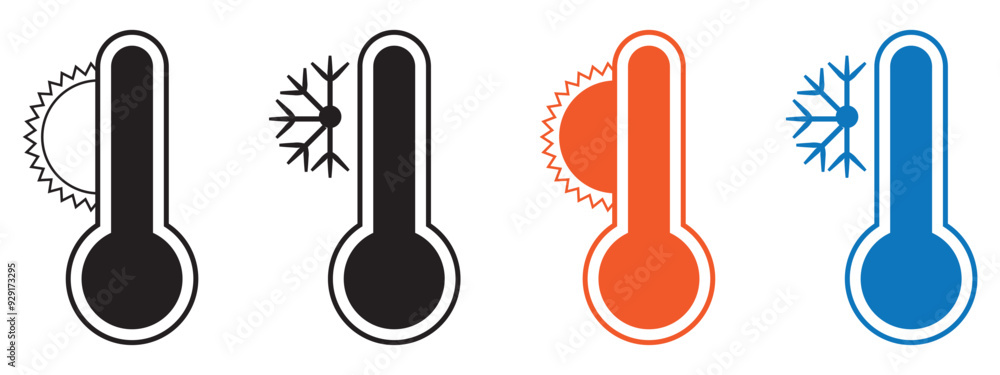 Poster thermometer vector icons set with sun and snowflake. hot and cold temperature scale for weather or f