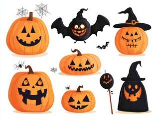 A set of Halloween inflatable decorations, large pumpkins and spooky characters, bold and fun, flat , isolated on white background