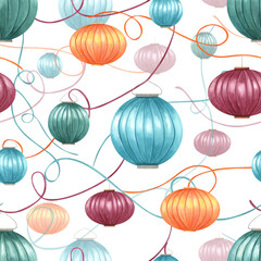Vibrant seamless pattern of paper lamps. Intertwining ribbons and floating Chinese lantern watercolor illustration. Asian traditional Festival of lights. Ornate for festive designs and celebrations