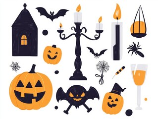 A set of Halloween table decorations, spooky centerpieces and confetti, festive and eerie, flat , isolated on white background