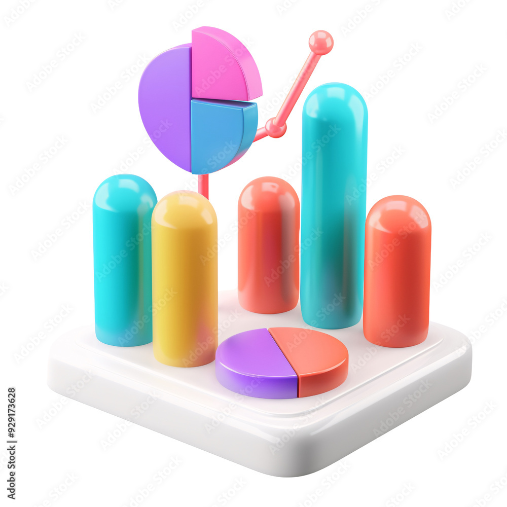 Wall mural 3d icon of a colorful bar chart with data points, white isolated background for clipping