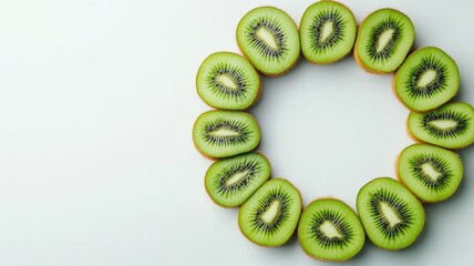 Top view of fresh kiwi slices arranged in a circle on a minimalistic white background.