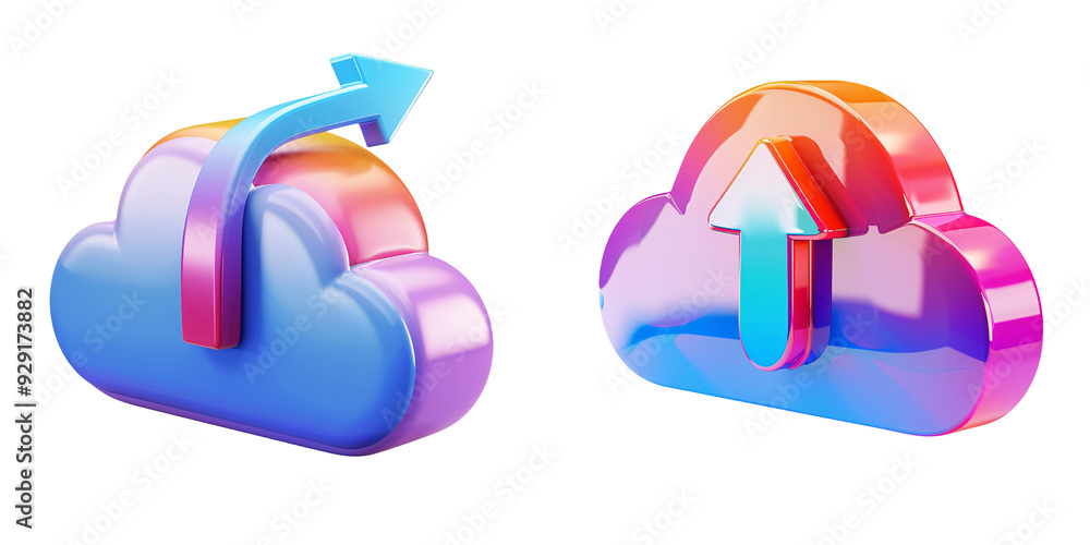 Wall mural 3d icon of a colorful cloud storage with upload and download arrows, white isolated background for c