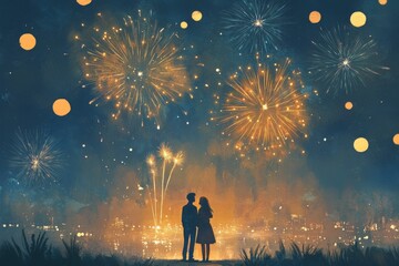 A couple stands by the water, silhouetted against the colorful fireworks display in the sky, as the city lights shimmer in the distance.