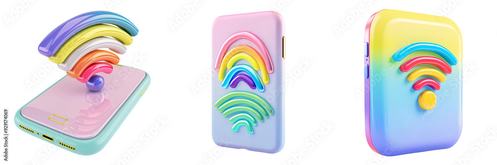 Wall mural 3d icon of a colorful smartphone with a wifi signal, white isolated background for clipping