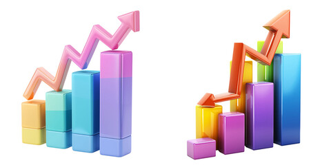 3D icon of a colorful bar chart with upward arrows, white isolated background for clipping