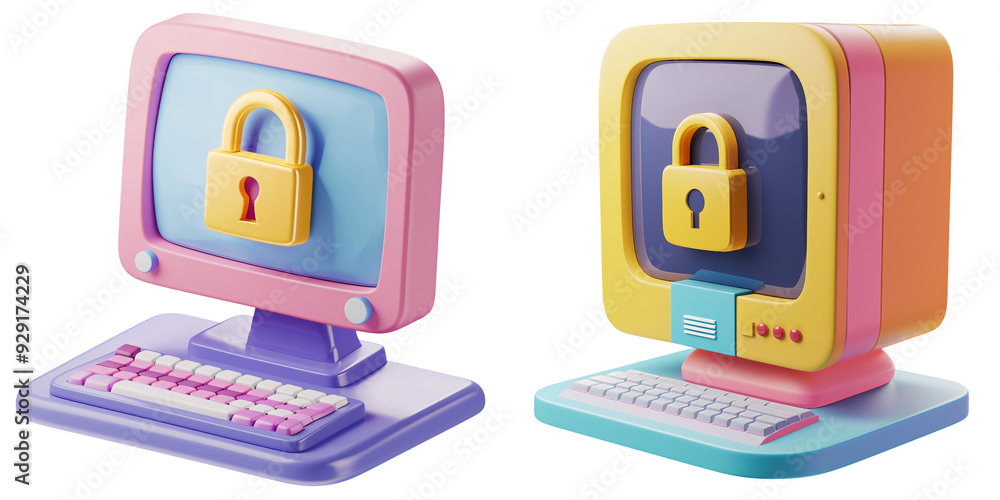 Wall mural 3d icon of a colorful desktop computer with a lock symbol for cybersecurity, white isolated backgrou