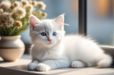 An adorable white kitten with striking blue eyes lounging on a windowsill.