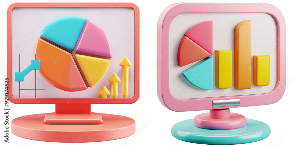Wall mural 3d icon of a colorful desktop monitor with a pie chart, white isolated background for clipping