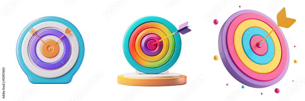 Wall mural 3d icon of a colorful target with data points, white isolated background for clipping