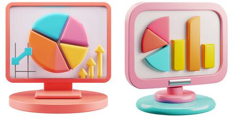 3D icon of a colorful desktop monitor with a pie chart, white isolated background for clipping