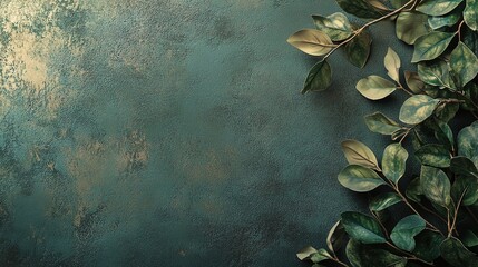 Verdant Elegance on Emerald Canvas: Lush green leaves cascade against a textured, teal backdrop with gold accents, offering a serene and sophisticated setting for nature-inspired designs.