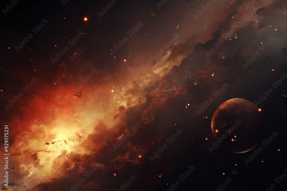 Wall mural cosmic nebula with distant planet - space art