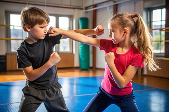 Two young students, a boy and a girl, practice krav maga techniques, executing an elbow strike with a wrist grip in a gym setting, focused on self-defense training.