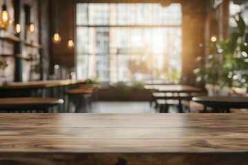 Blur background of modern cafeteria with industrial design, round tables, and large windows. Restaurant with bar and table. with generative ai