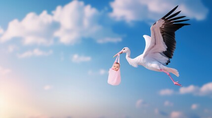 Flying stork in the bright blue sky carrying full growth swaddled in pink blanket baby. Parenthood concept. © Sunny_nsk
