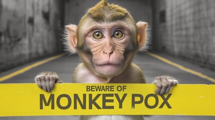 Poster with monkey and text " BEWARE OF MONKEYPOX ", medical placard.
