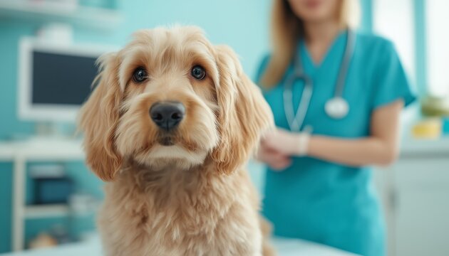 Cute dog at the vet with a veterinarian in the background, showcasing a pet check-up environment and veterinary care.