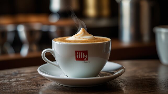 Authentic Italian coffee shop. Strong espresso pours into a white cup, shaped like Illy's signature cup.
