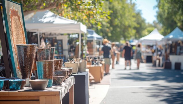 Ceramic pottery displayed at an outdoor market.