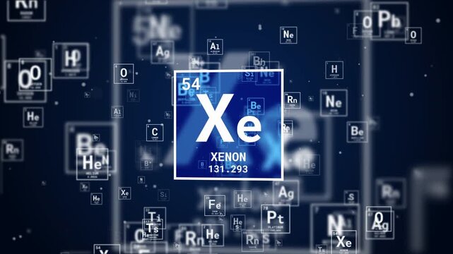 Icon of Xenon Xe inert Gas chemical element on blue background. Periodic table in chemistry. Loop animation.