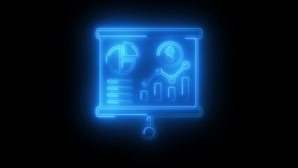 Futuristic Neon Glowing Presentation Chart Icon Featuring Financial Data and Analytics, Illuminating Dark Background with Vibrant Blue Light.