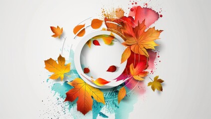 Autumn Sale Banner features aesthetically minimalist flat design elements and colorful leaves circular shape with a white background, pastel colors Generative AI