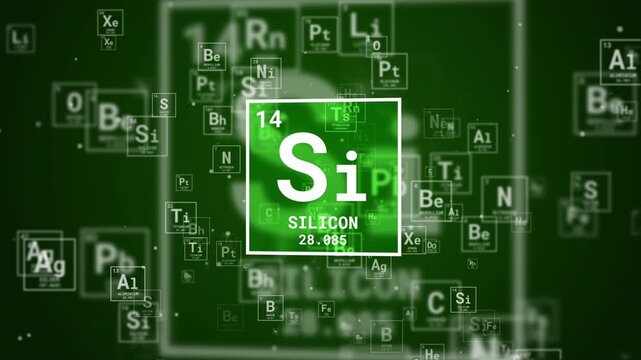 Hydrogen chemical element square icon on green looped animated background with periodic table element icons.