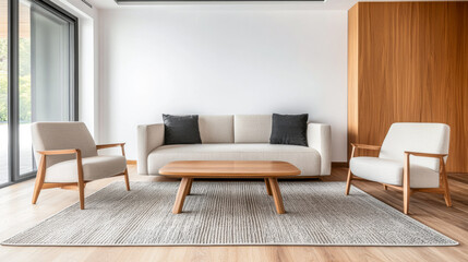 Modern living room with neutral furniture and wooden accents